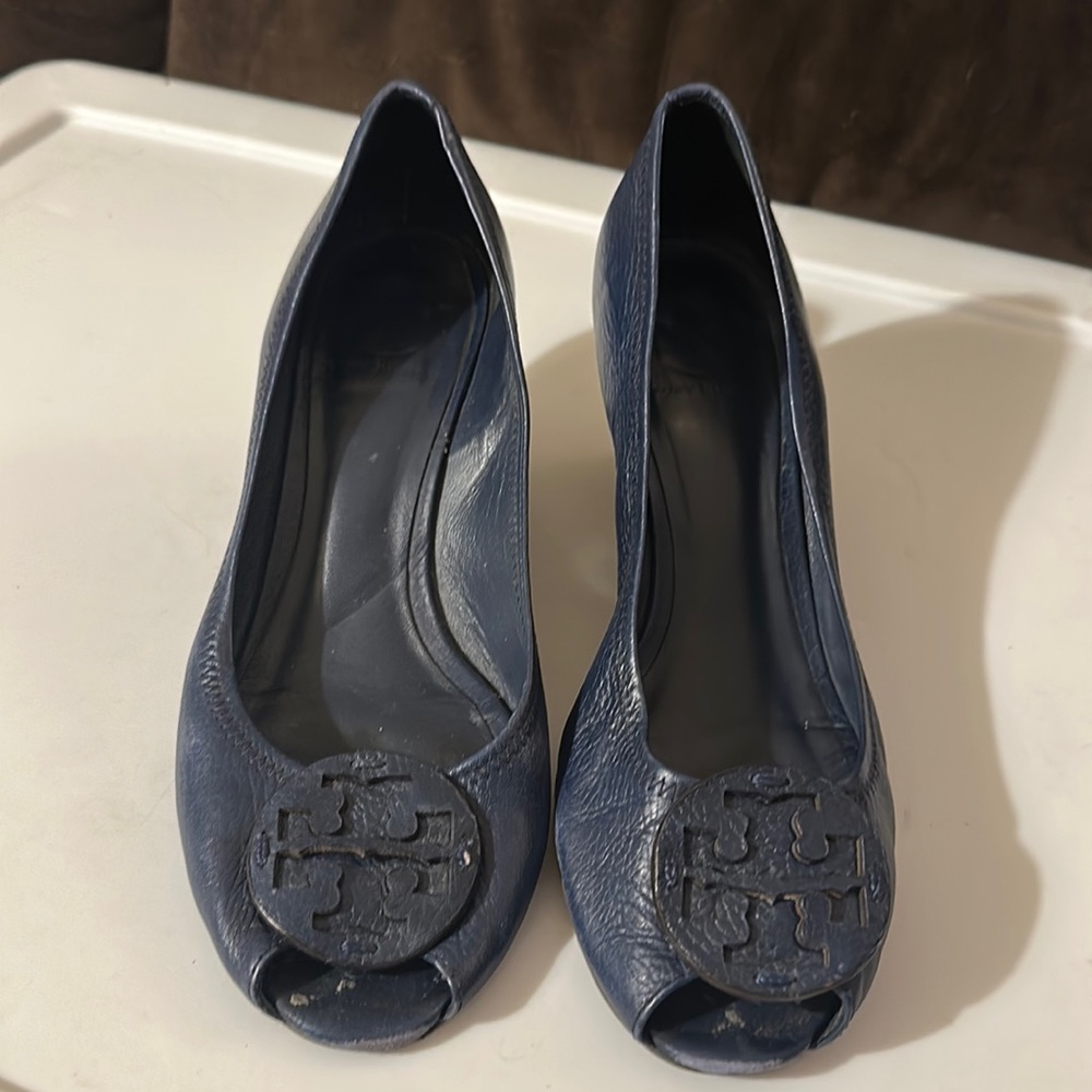 Peep toe navy leather Tory Burch wedge heels